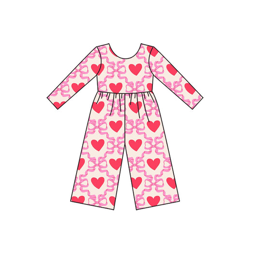 (Pre-order)LR2710  Heart Pink Bows Print Girls Valentine's Day Long Sleeve Jumpsuits