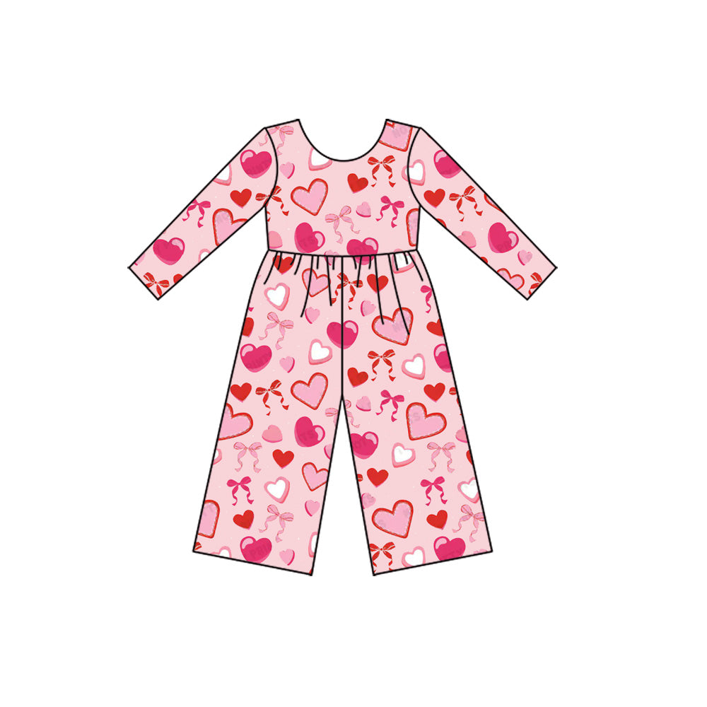 (Pre-order)LR2712  Heart Bows Pink Print Girls Valentine's Day Long Sleeve Jumpsuits
