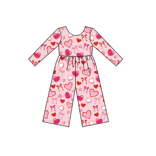 (Pre-order)LR2712  Heart Bows Pink Print Girls Valentine's Day Long Sleeve Jumpsuits