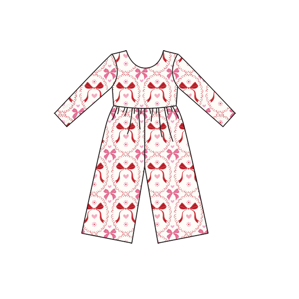 (Pre-order)LR2713  Heart Bows Pink Print Girls Valentine's Day Long Sleeve Jumpsuits