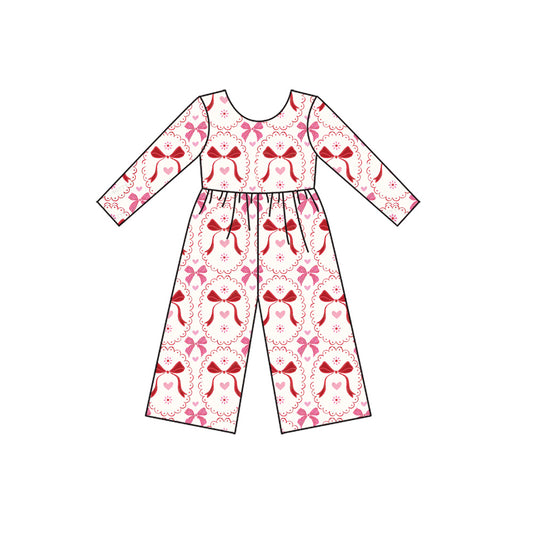 (Pre-order)LR2713  Heart Bows Pink Print Girls Valentine's Day Long Sleeve Jumpsuits