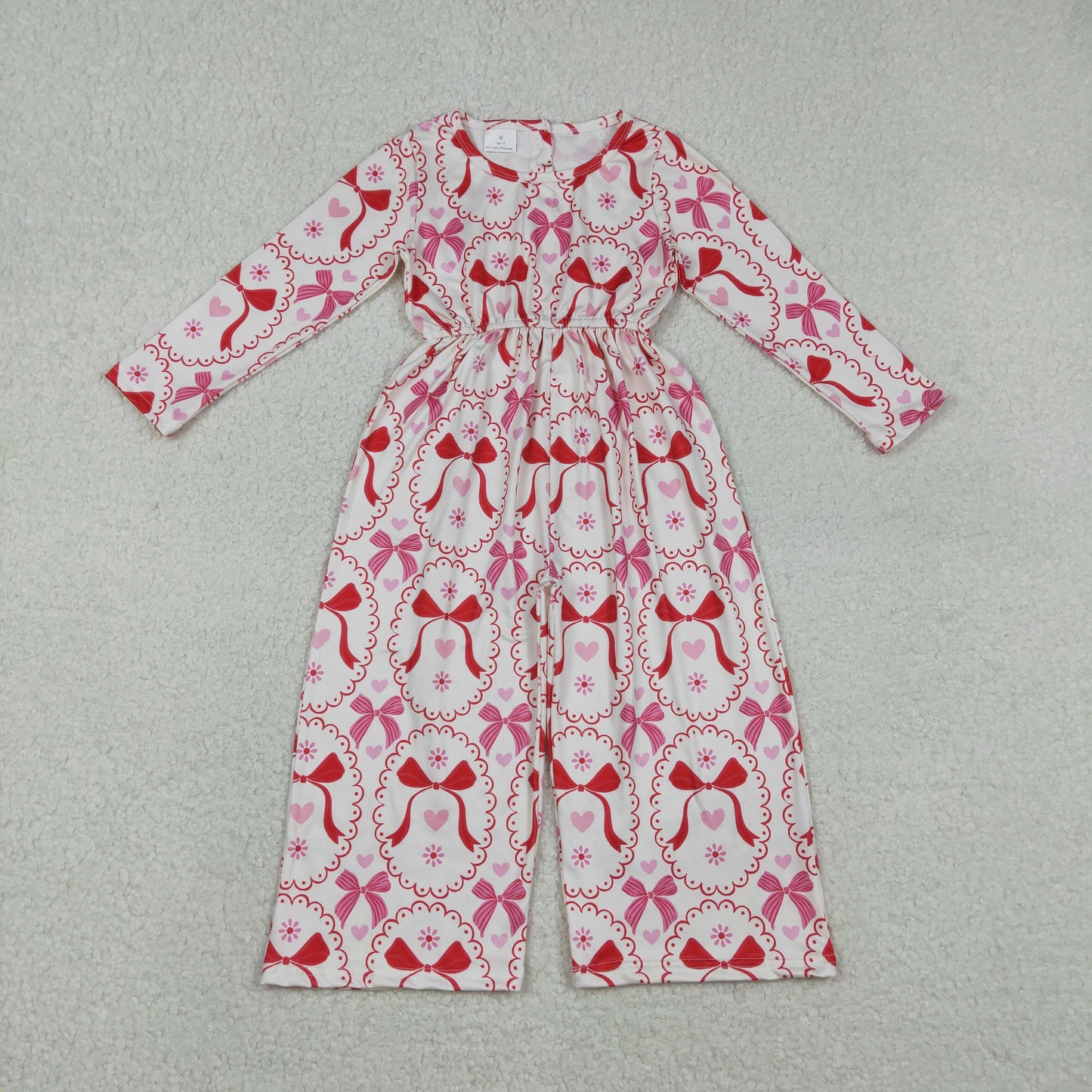 LR2713  Hearts Bows Pink Print Girls Valentine's Day Long Sleeve Jumpsuits
