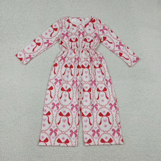 LR2713  Hearts Bows Pink Print Girls Valentine's Day Long Sleeve Jumpsuits