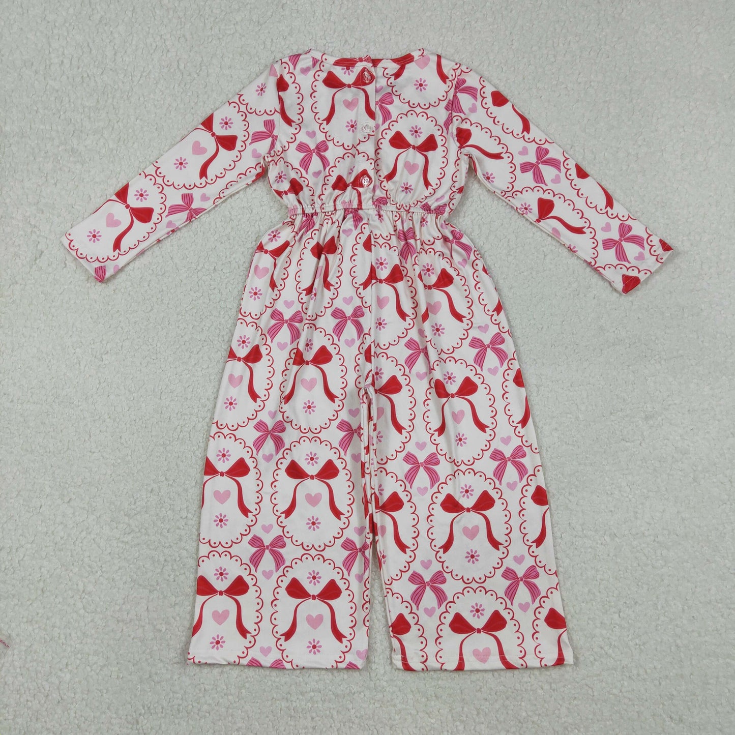 LR2713  Hearts Bows Pink Print Girls Valentine's Day Long Sleeve Jumpsuits
