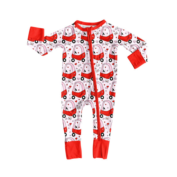(Pre-order)LR2716 Trucks Heart Red Print Baby Girls Valentine's Day Sleeper Zipper Romper