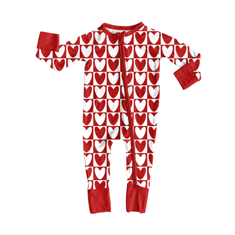 (Pre-order)LR2717 Heart Red Plaid Print Baby Valentine's Day Sleeper Zipper Romper
