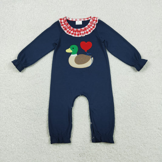 LR2720 Duck Heart Embroidery Navy Color Baby Girls Valentine's Day Romper