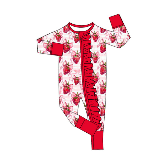 (Pre-order)LR2723 Strawberry Bows Print Baby Girls Valentine's Day Sleeper Zipper Romper