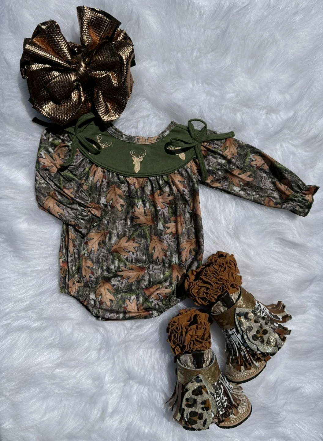 (Pre-order)LR2728 Deer Branch Camo Print Baby Girls Fall Romper