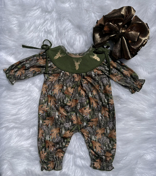 (Pre-order)LR2730 Deer Branch Camo Print Baby Girls Fall Romper