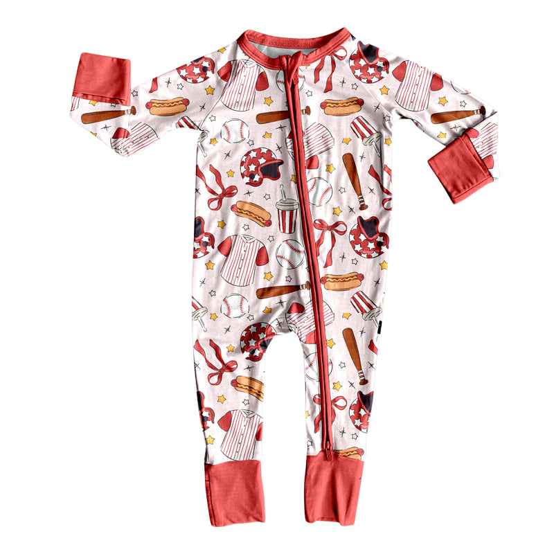 (Pre-order)LR2731 Baseball Bows Print Baby Girls Sleeper Zipper Romper