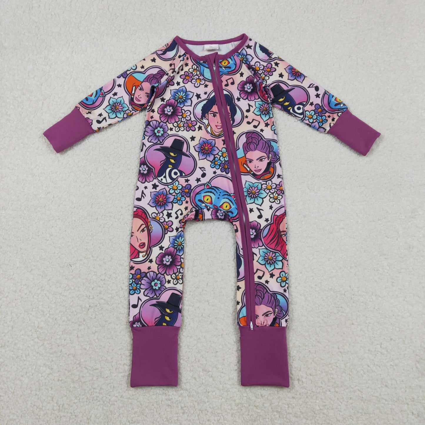 LR2732 Cartoon Demon Movie Flowers Print Baby Girls Zipper Sleeper Romper