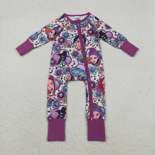 LR2732 Cartoon Demon Movie Flowers Print Baby Girls Zipper Sleeper Romper