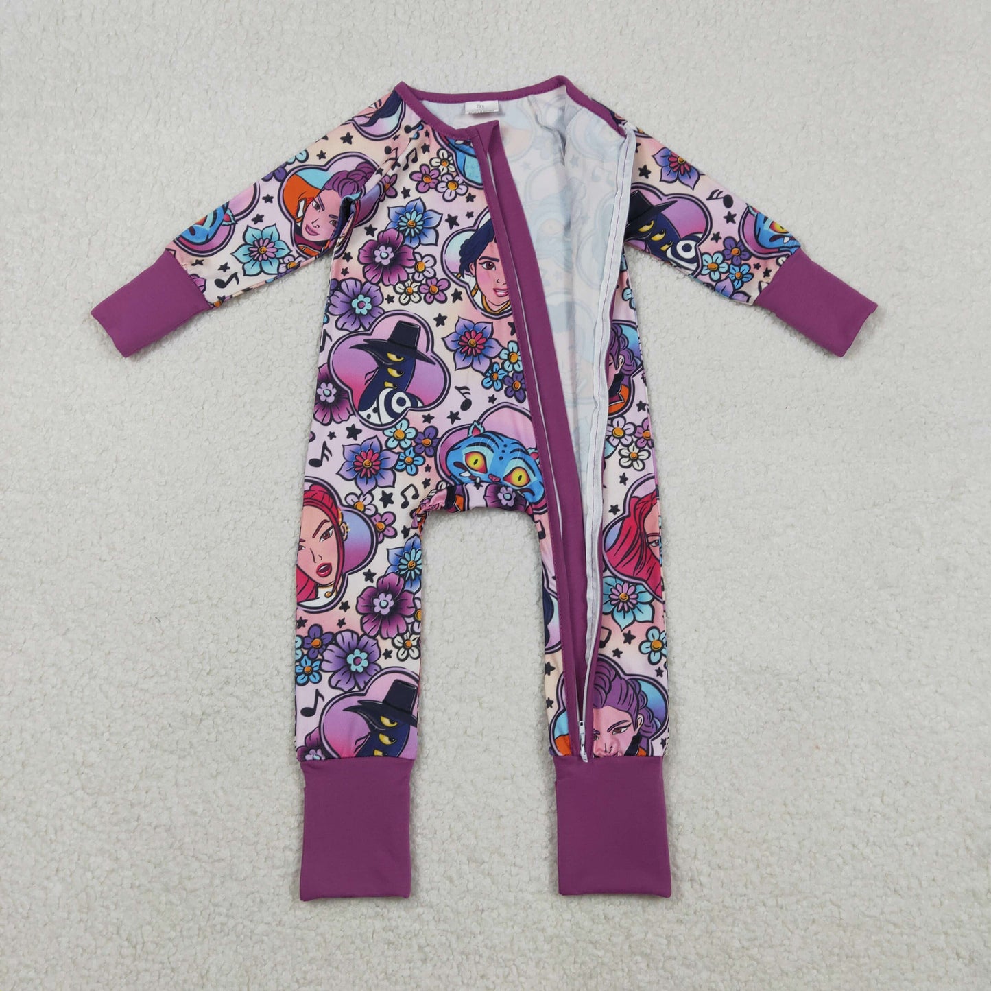 LR2732 Cartoon Demon Movie Flowers Print Baby Girls Zipper Sleeper Romper