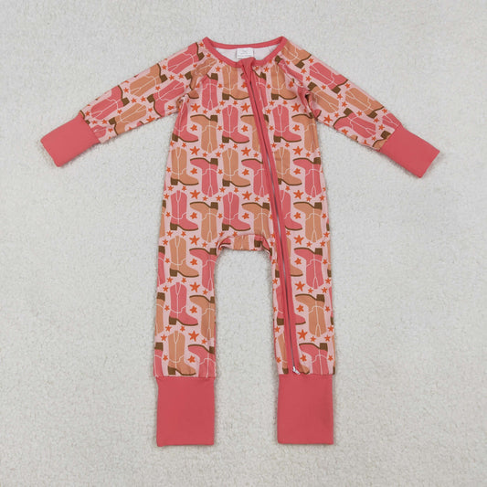 LR2733 Boots Print Baby Girls Western Sleeper Zipper Romper