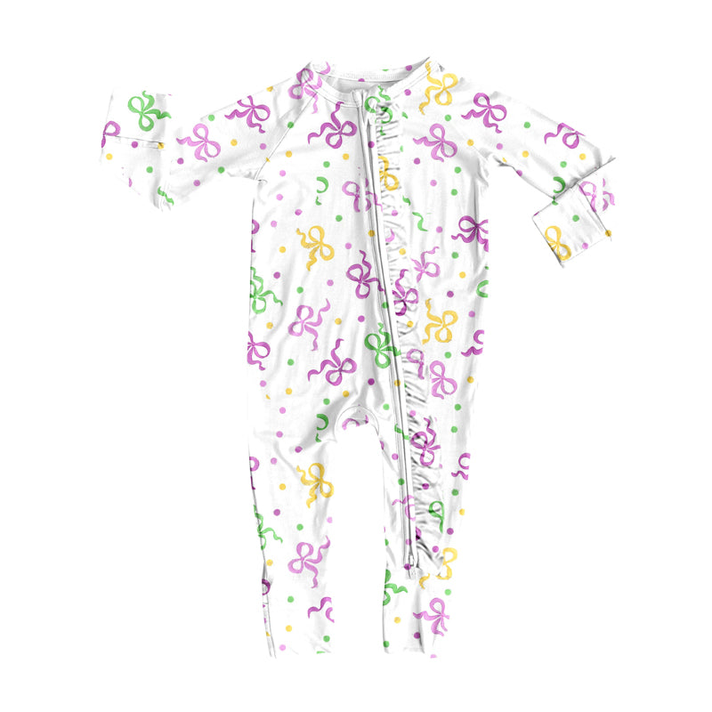 (Pre-order)LR2735 Colorful Bows Dots Print Baby Girls Mardi Gras Sleeper Zipper Romper