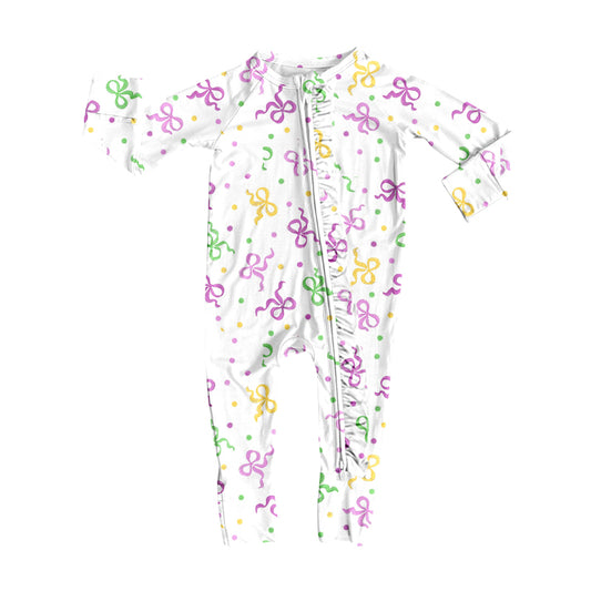 (Pre-order)LR2735 Colorful Bows Dots Print Baby Girls Mardi Gras Sleeper Zipper Romper