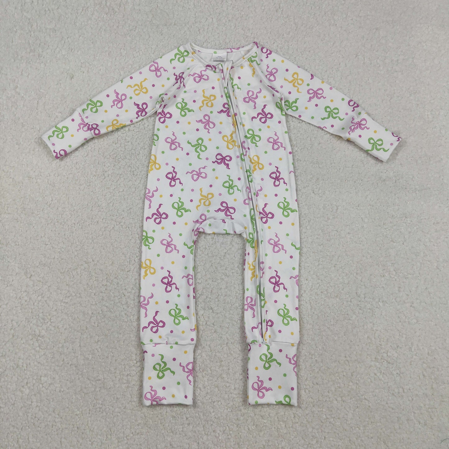 LR2735 Colorful Bows Dots Print Baby Girls Mardi Gras Sleeper Zipper Romper