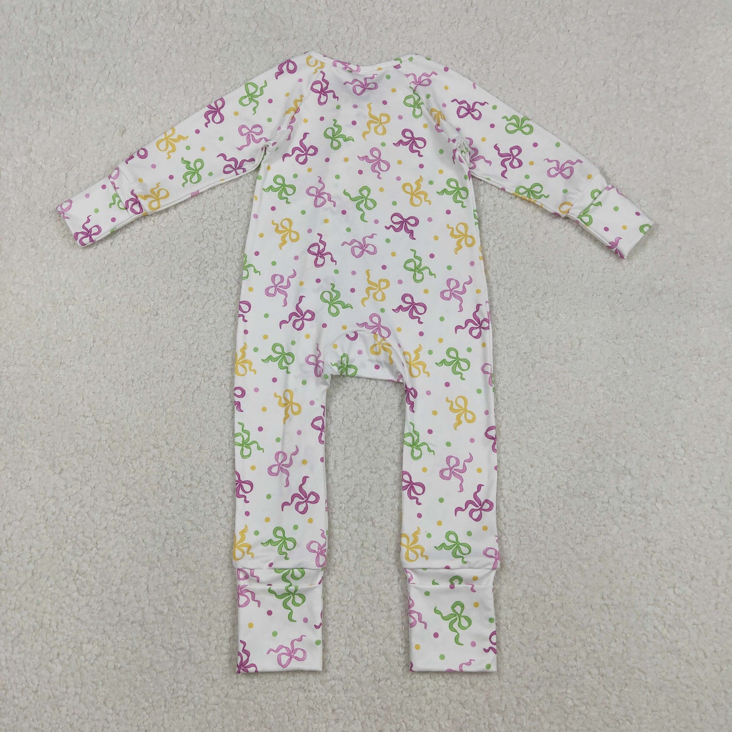 LR2735 Colorful Bows Dots Print Baby Girls Mardi Gras Sleeper Zipper Romper
