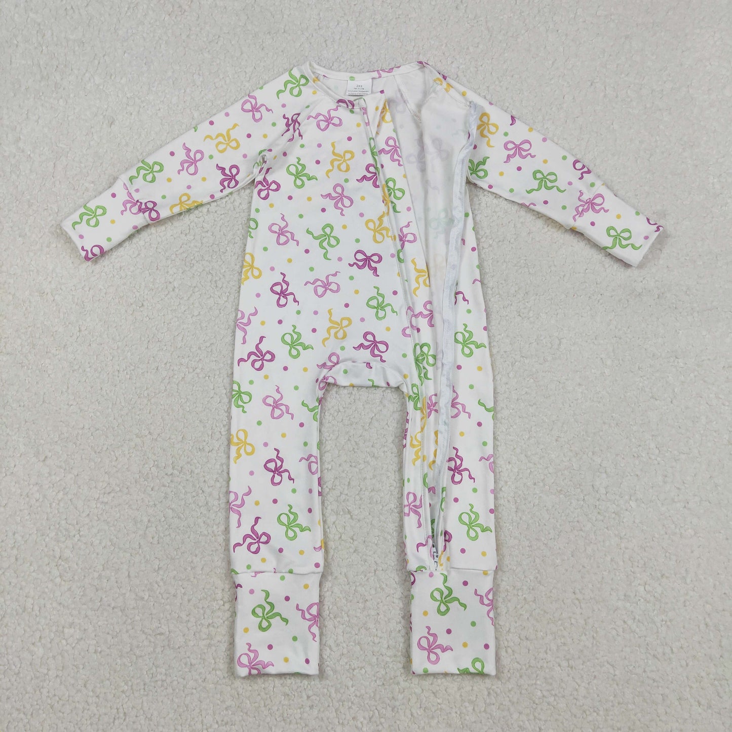 LR2735 Colorful Bows Dots Print Baby Girls Mardi Gras Sleeper Zipper Romper