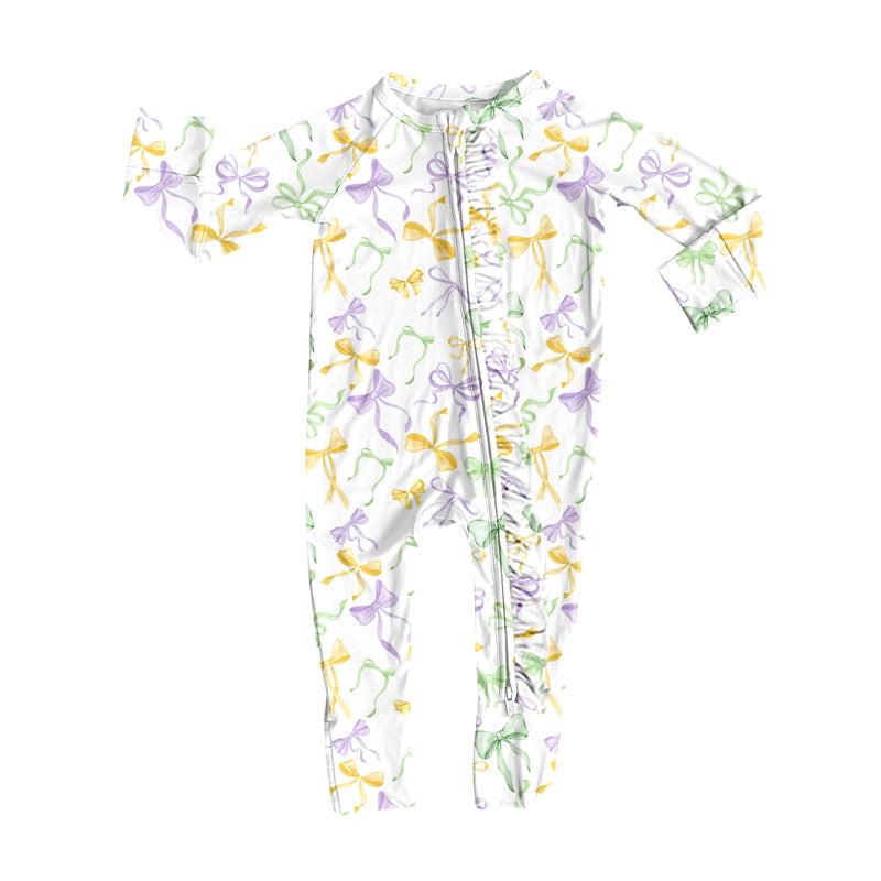 (Pre-order)LR2736 Colorful Bows Print Baby Girls Mardi Gras Sleeper Zipper Romper