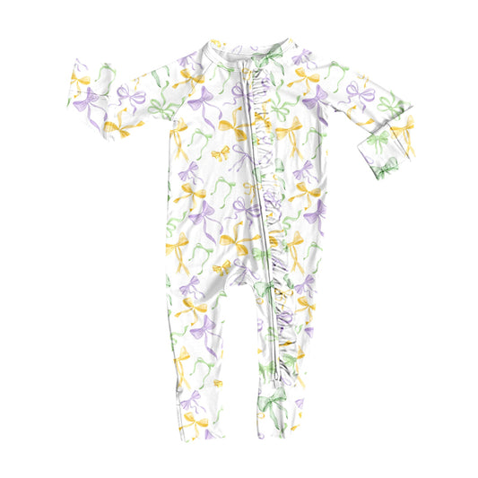 (Pre-order)LR2736 Colorful Bows Print Baby Girls Mardi Gras Sleeper Zipper Romper