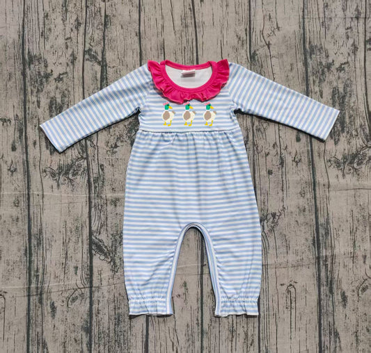 (Pre-order)LR2738 Duck Blue Stripes Print Baby Girls Fall Romper