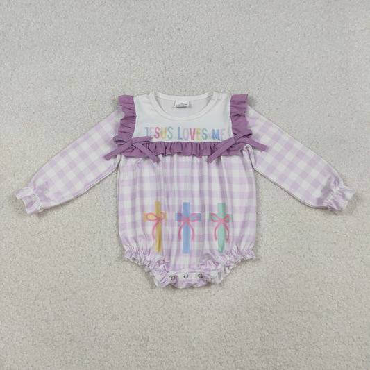 LR2740 Colorful Cross Jesus Loves Me Plaid Print Baby Girls Easter Bubble Romper