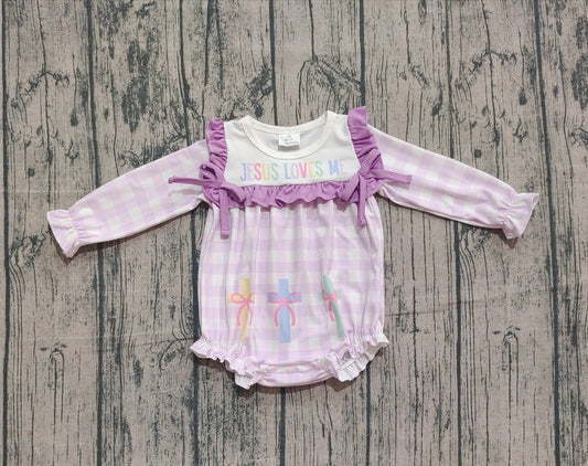 (Pre-order)LR2740 Colorful Cross Jesus Loves Me Plaid Print Baby Girls Easter Bubble Romper