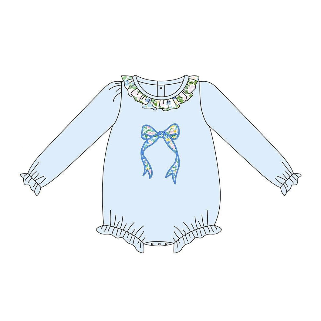 (Pre-order)LR2742 Bow Flowers Blue Print Baby Girls Bubble Romper