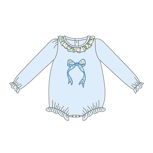 (Pre-order)LR2742 Bow Flowers Blue Print Baby Girls Bubble Romper