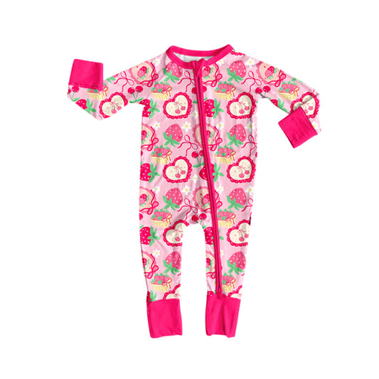 (Pre-order)LR2743 Strawberry Cherry Heart Print Baby Girls Valentine's Day Sleeper Zipper Romper