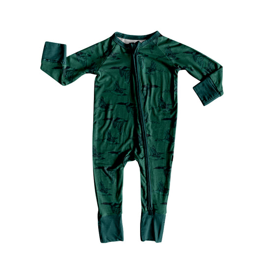 (Pre-order)LR2745 Duck Green Print Baby Boys Fall Sleeper Zipper Romper