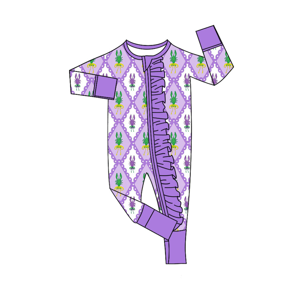 (Pre-order)LR2749 Crayfish Bows Print Baby Girls Mardi Gras Sleeper Zipper Romper