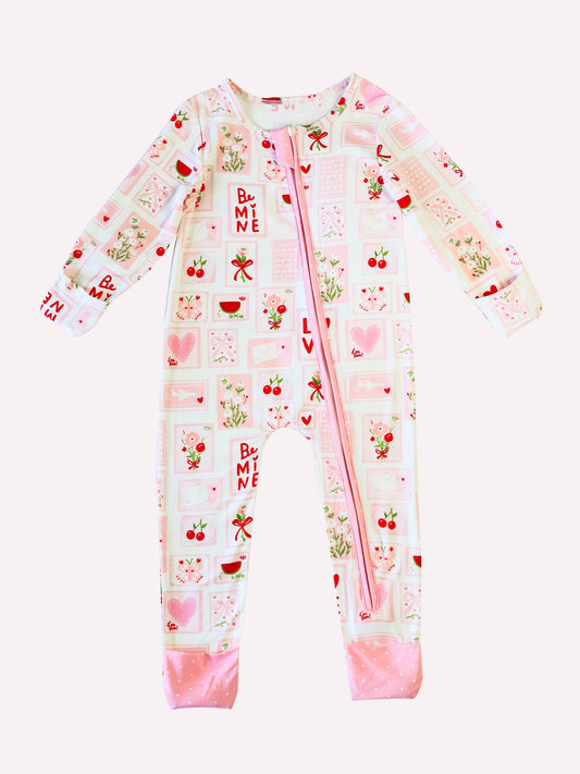 (Pre-order)LR2750 LOVE Flowers Heart Pink Print Baby Girls Valentine's Day Sleeper Zipper Romper