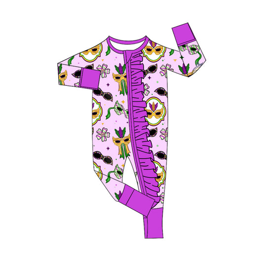 (Pre-order)LR2752 Mask Print Baby Girls Mardi Gras Sleeper Zipper Romper