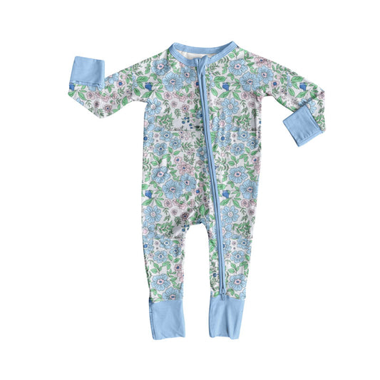 (Pre-order)LR2756 Blue Flowers Print Baby Girls Sleeper Zipper Romper