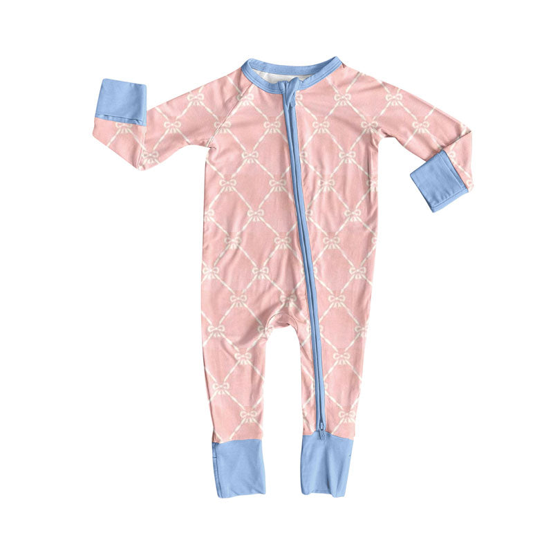 (Pre-order)LR2757 Pink Bows Print Baby Girls Sleeper Zipper Romper