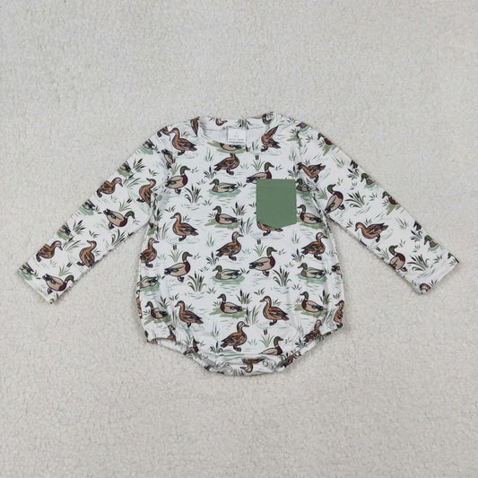 LR2762 Duck Print Pocket Baby Boys Fall Bubble Romper