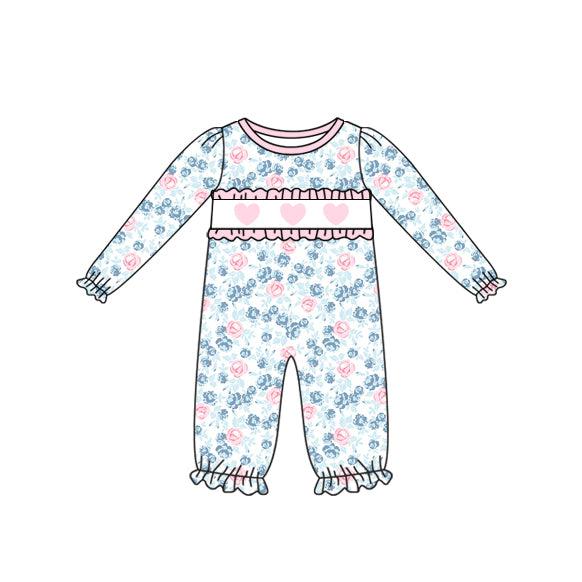 (Pre-order)LR2764 Pink Heart Flowers Print Baby Girls Valentine's Day Romper