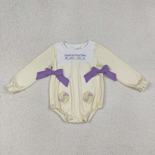 LR2770 Sweet Cake Embroidery Stripes Print Baby Girls Mardi Gras Romper