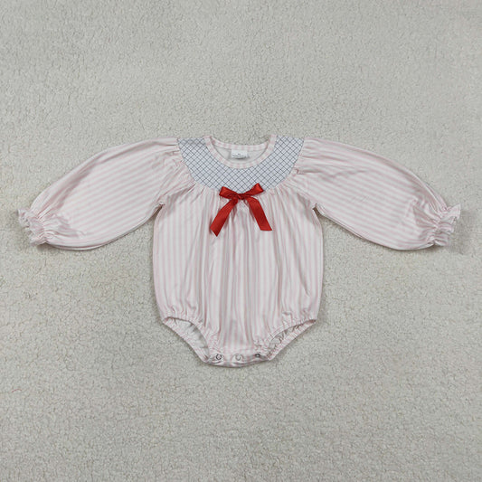 LR2773 Plaid Embroidery Pink Stripes Print Baby Girls Bubble Romper