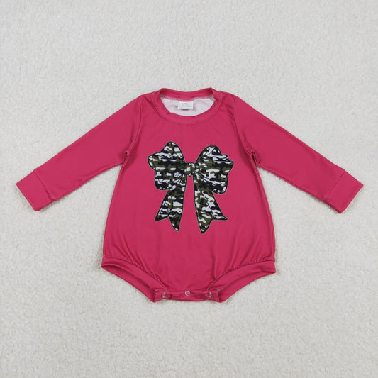 LR2776 Camo Bow Hot Pink Print Baby Girls Long Sleeve Romper