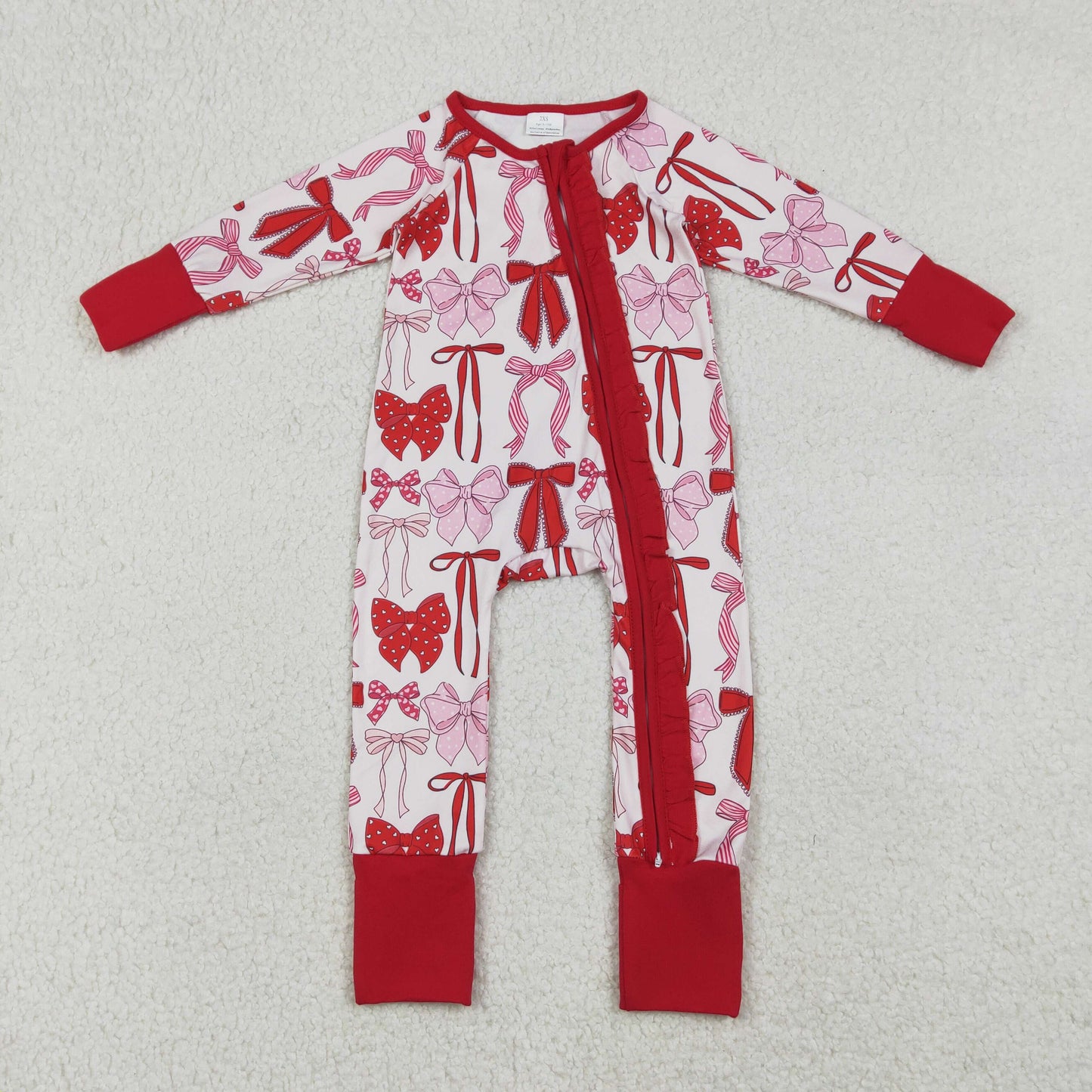 LR2780 Red Pink Bows Print Baby Girls Valentine's Day Sleeper Zipper Romper