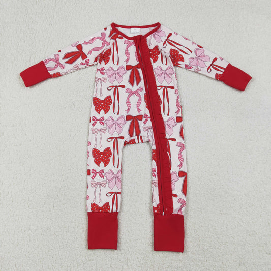 LR2780 Red Pink Bows Print Baby Girls Valentine's Day Sleeper Zipper Romper