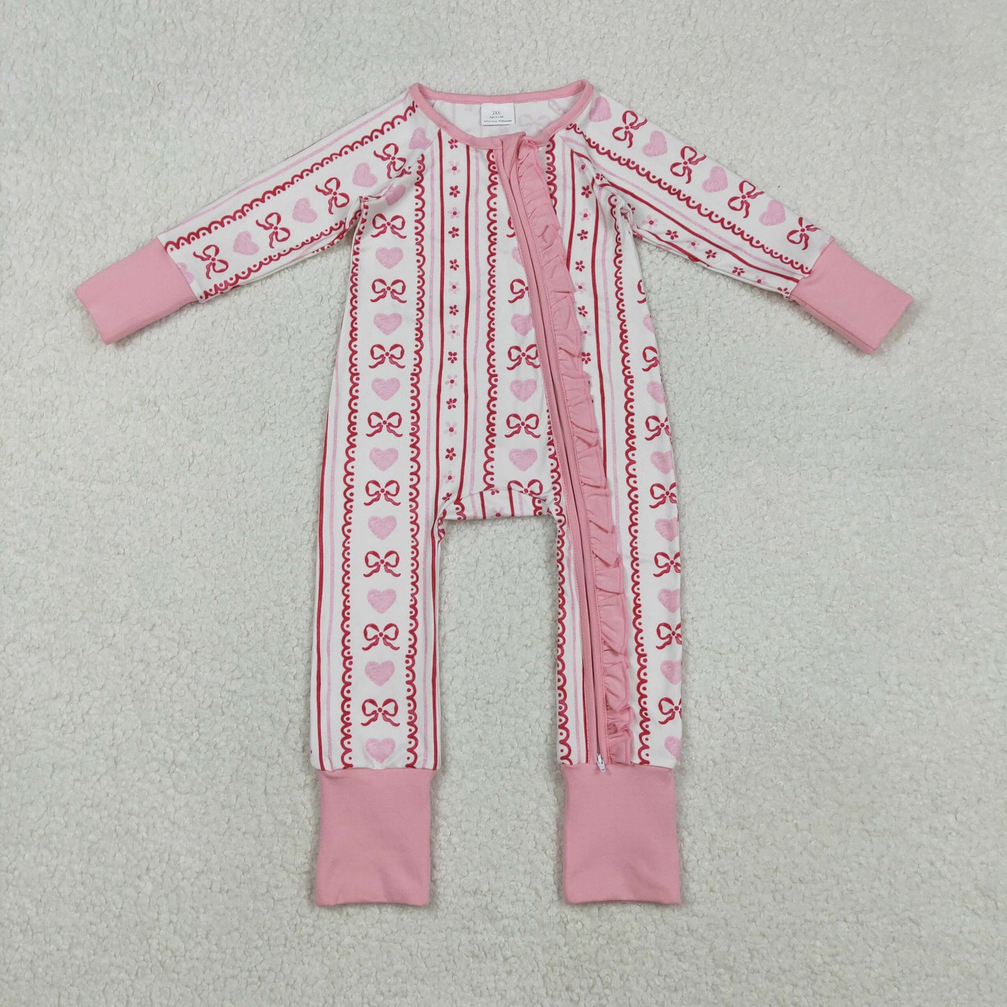 LR2781 Bows Heart Pink Print Baby Girls Valentine's Day Sleeper Zipper Romper