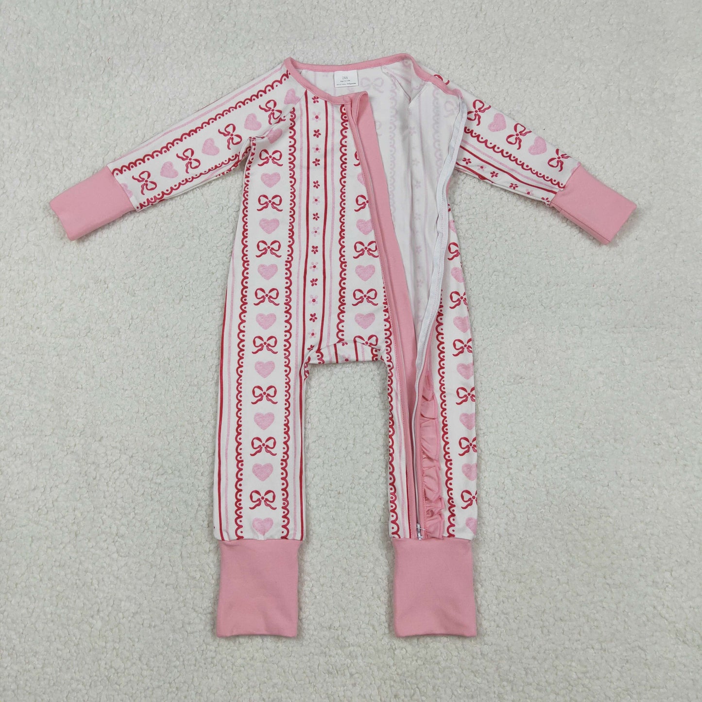 LR2781 Bows Heart Pink Print Baby Girls Valentine's Day Sleeper Zipper Romper