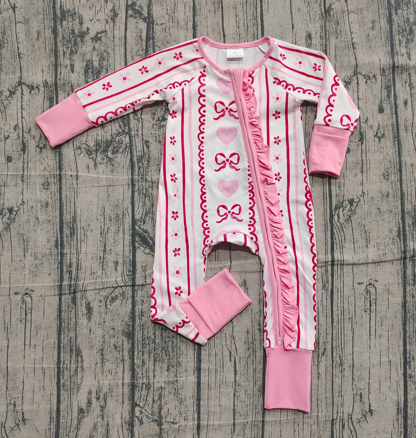 (Pre-order)LR2781 Bows Heart Pink Print Baby Girls Valentine's Day Sleeper Zipper Romper