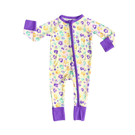 (Pre-order)LR2782 Colorful Leopard Print Baby Girls Mardi Gras Sleeper Zipper Romper
