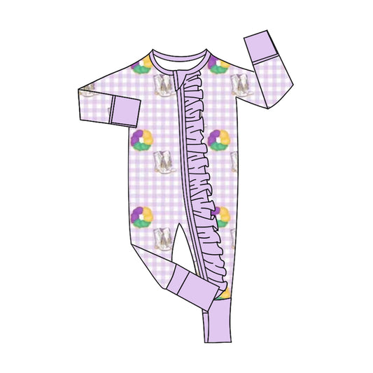 (Pre-order)LR2783 Donut Boots Print Baby Girls Mardi Gras Sleeper Zipper Romper